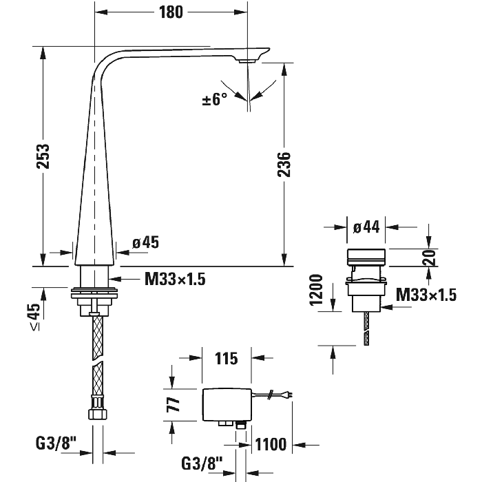 Смеситель Duravit D.1 D11110007046 для раковины высокий, электронный с питанием от батареи, черный матовый - 2 изображение