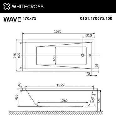 Акриловая ванна 170х75 см Whitecross Wave 0101.170075.100.LINENANO.GL белая - 3 изображение