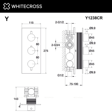 Термостат для душа Whitecross Y chrome Y1238CR хром глянец, на 3 потребителя - 3 изображение