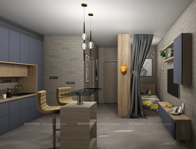 Дизайн Кухня-гостиная в стиле Лофт в бежевом цвете №13069