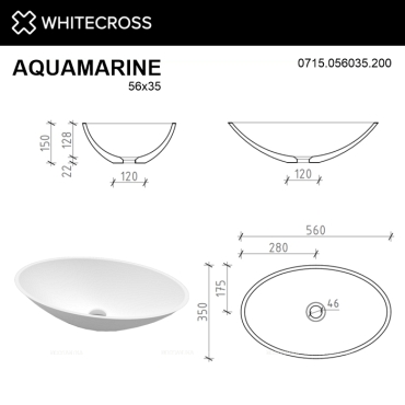Раковина Whitecross Aquamarine 56 см 0715.056035.200 матовая белая - 6 изображение
